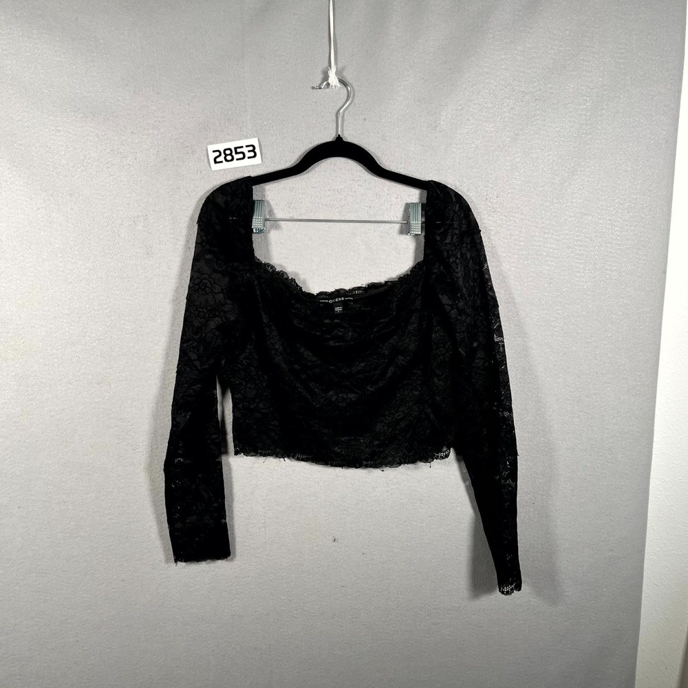 Guess Rosalia Sheer Cropped Top Womens Large Black Floral Lace Square Neck